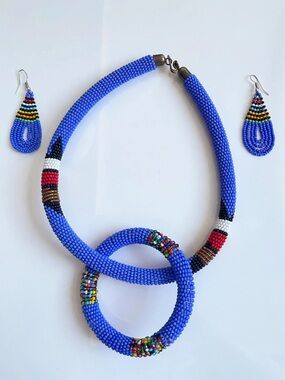 Handmade Kenyan Maasai Blue Beaded 3-Piece Jewelry Set
